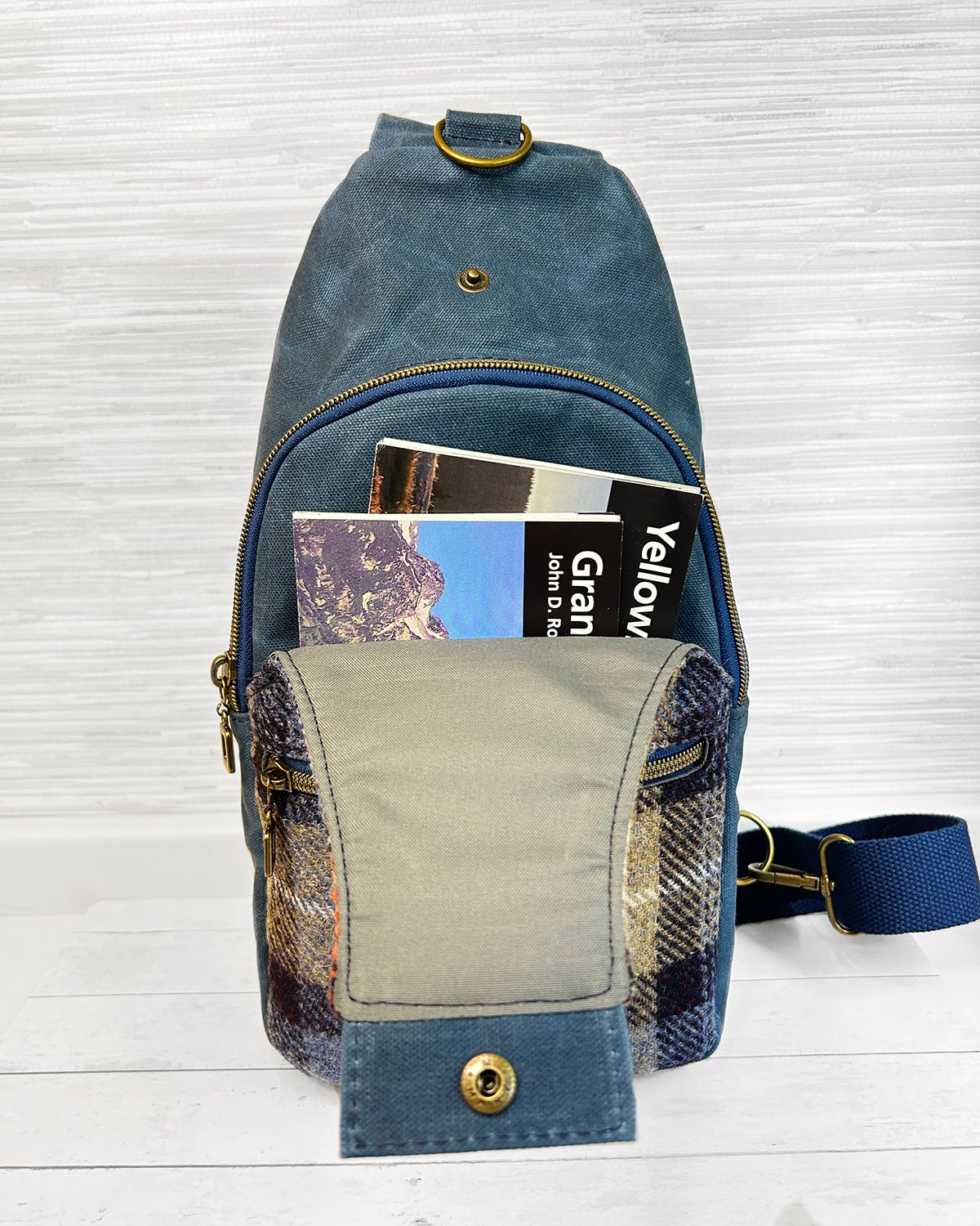 Harris Tweed Plaid Sling Bag, Blue Waxed Canvas & Mackenzie Check Tartan Crossbody Backpack - Image 6
