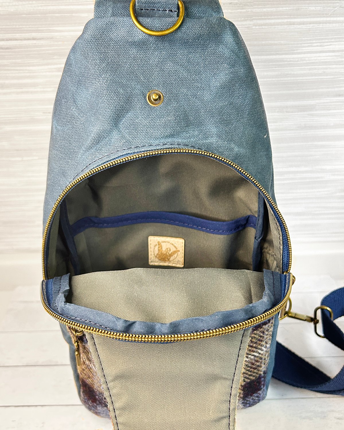 Harris Tweed Plaid Sling Bag, Blue Waxed Canvas & Mackenzie Check Tartan Crossbody Backpack - Image 9