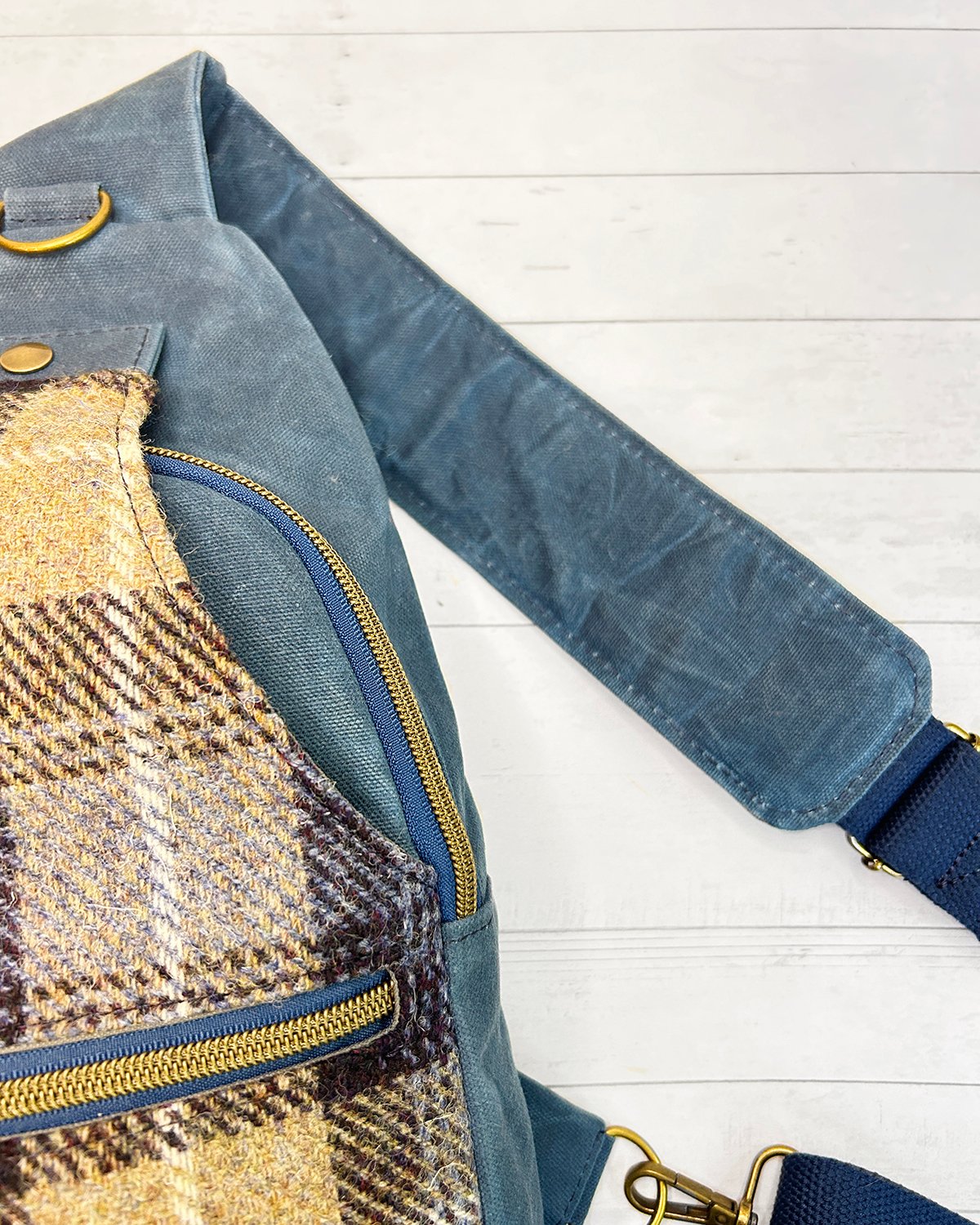 Harris Tweed Plaid Sling Bag, Blue Waxed Canvas & Mackenzie Check Tartan Crossbody Backpack - Image 5