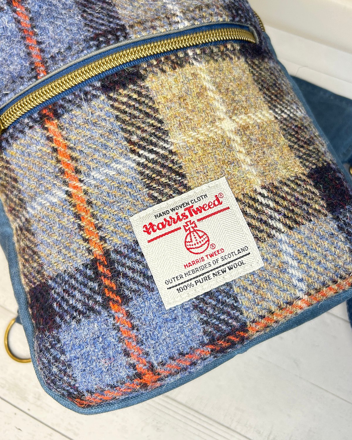 Harris Tweed Plaid Sling Bag, Blue Waxed Canvas & Mackenzie Check Tartan Crossbody Backpack - Image 8