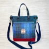 Harris Tweed Crossbody Tote Bag, Blue Tartan Plaid Wool & Waxed Canvas Handbag with Leather Handles