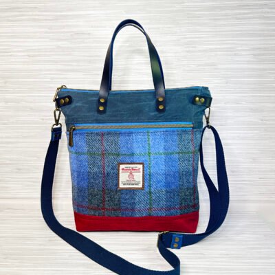 Harris Tweed Crossbody Tote Bag, Blue Tartan Plaid Wool & Waxed Canvas Handbag with Leather Handles