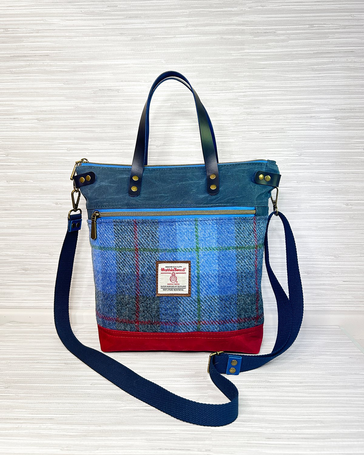Harris Tweed Crossbody Tote Bag, Blue Tartan Plaid Wool & Waxed Canvas Handbag with Leather Handles