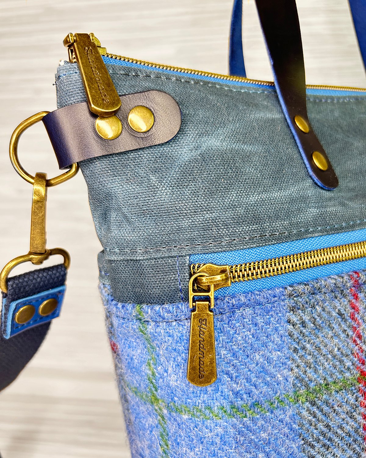 Harris Tweed Crossbody Tote Bag, Blue Tartan Plaid Wool & Waxed Canvas Handbag with Leather Handles - Image 7