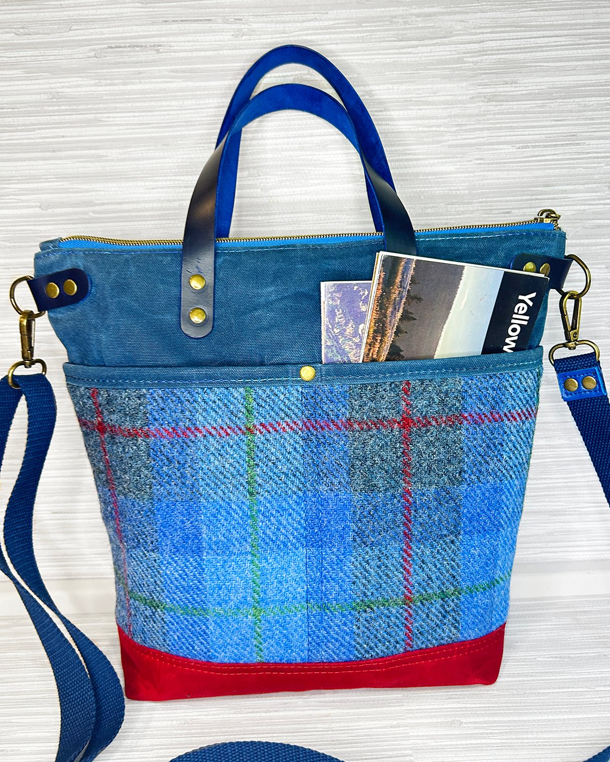 Harris Tweed Crossbody Tote Bag, Blue Tartan Plaid Wool & Waxed Canvas Handbag with Leather Handles - Image 2