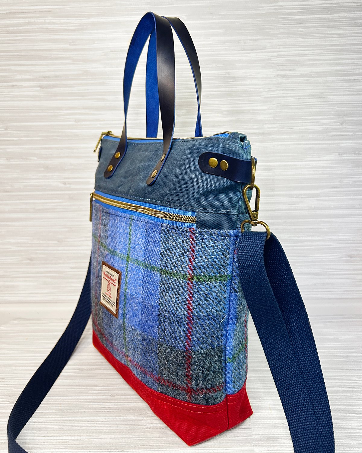 Harris Tweed Crossbody Tote Bag, Blue Tartan Plaid Wool & Waxed Canvas Handbag with Leather Handles - Image 9