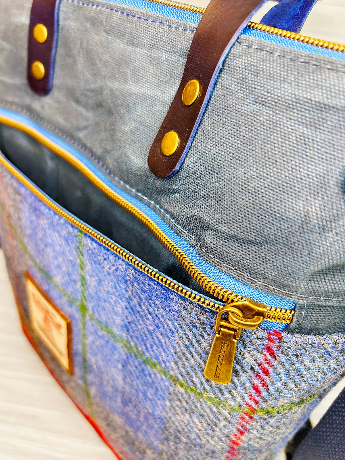 Harris Tweed Crossbody Tote Bag, Blue Tartan Plaid Wool & Waxed Canvas Handbag with Leather Handles - Image 12