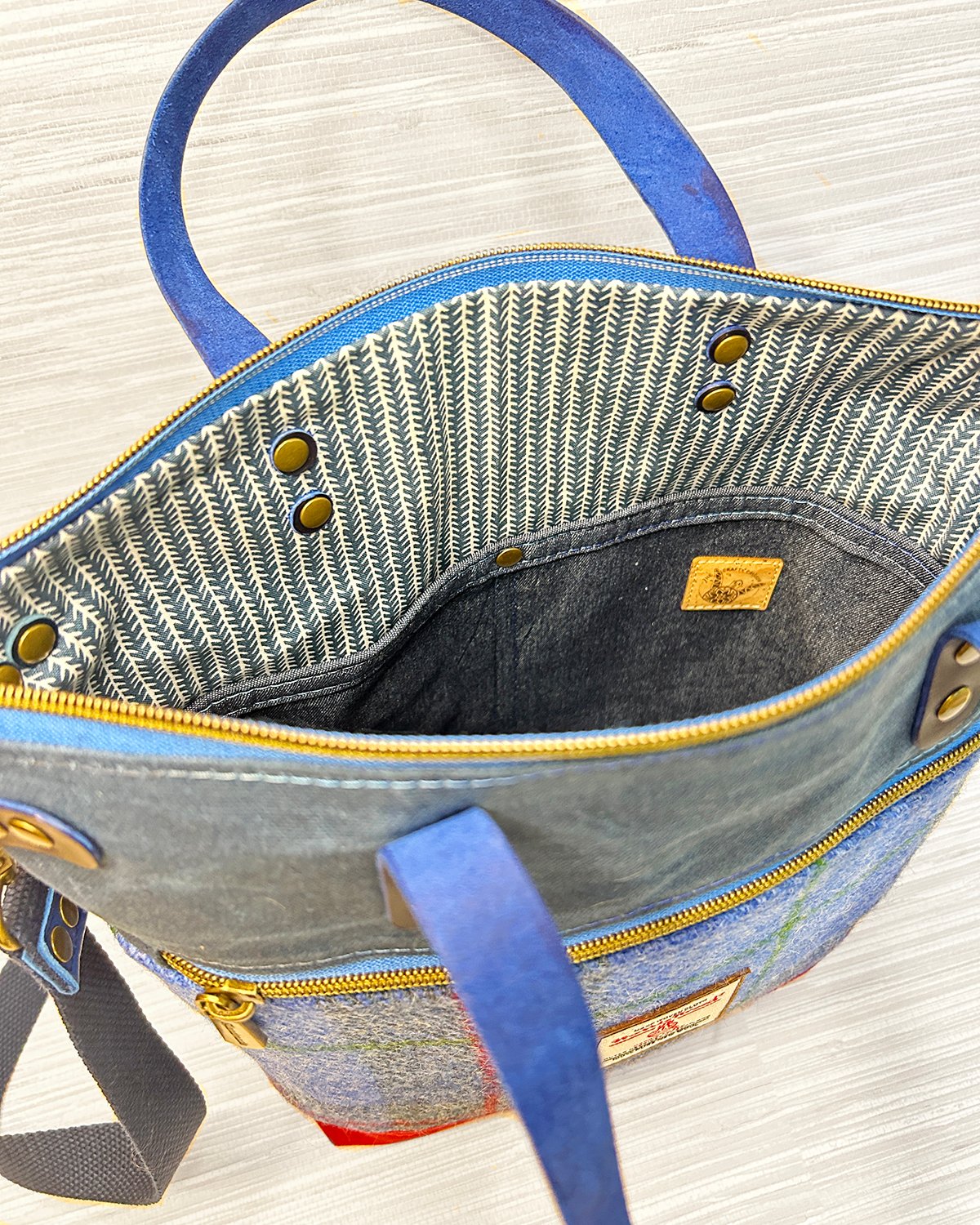 Harris Tweed Crossbody Tote Bag, Blue Tartan Plaid Wool & Waxed Canvas Handbag with Leather Handles - Image 13
