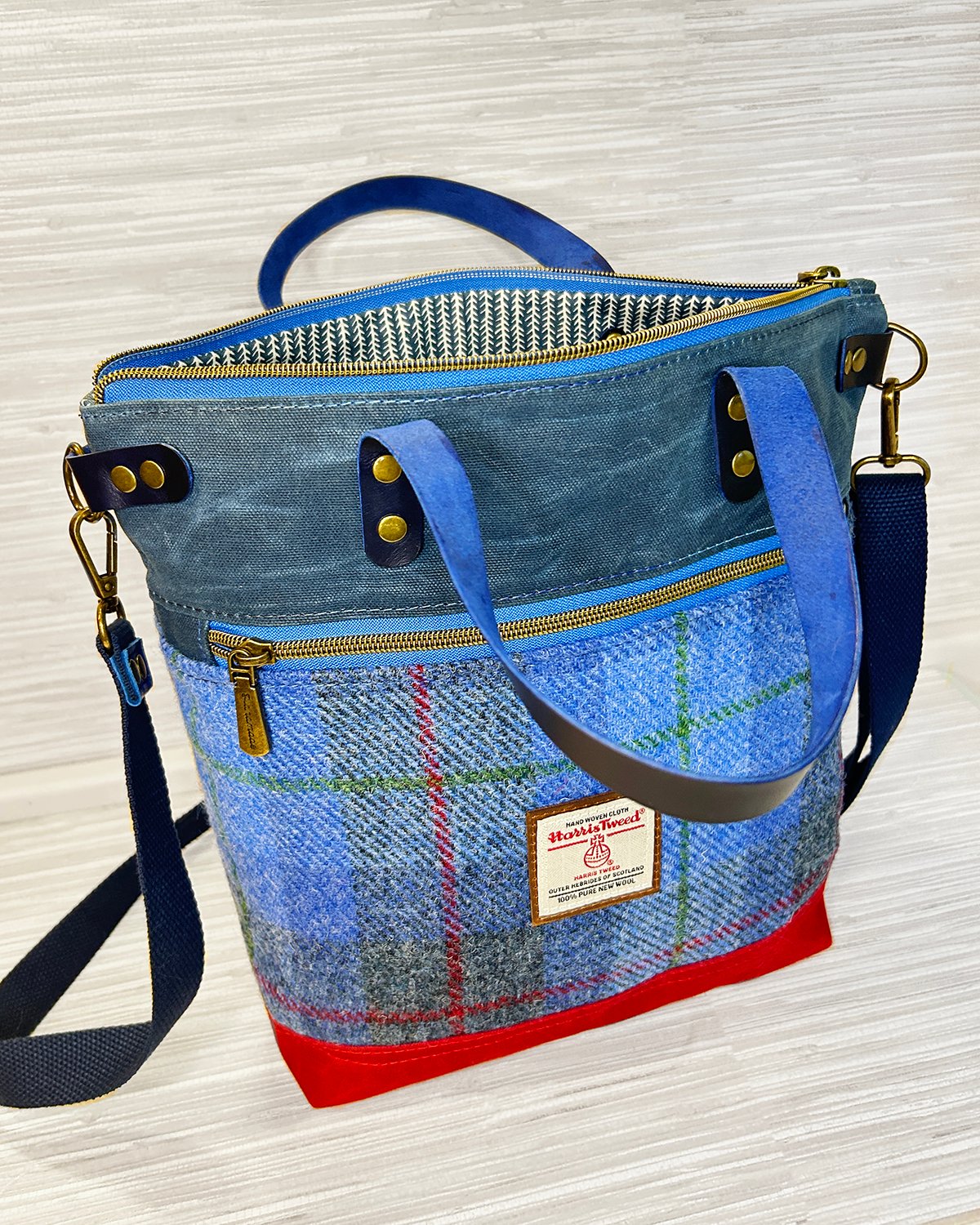 Harris Tweed Crossbody Tote Bag, Blue Tartan Plaid Wool & Waxed Canvas Handbag with Leather Handles - Image 14