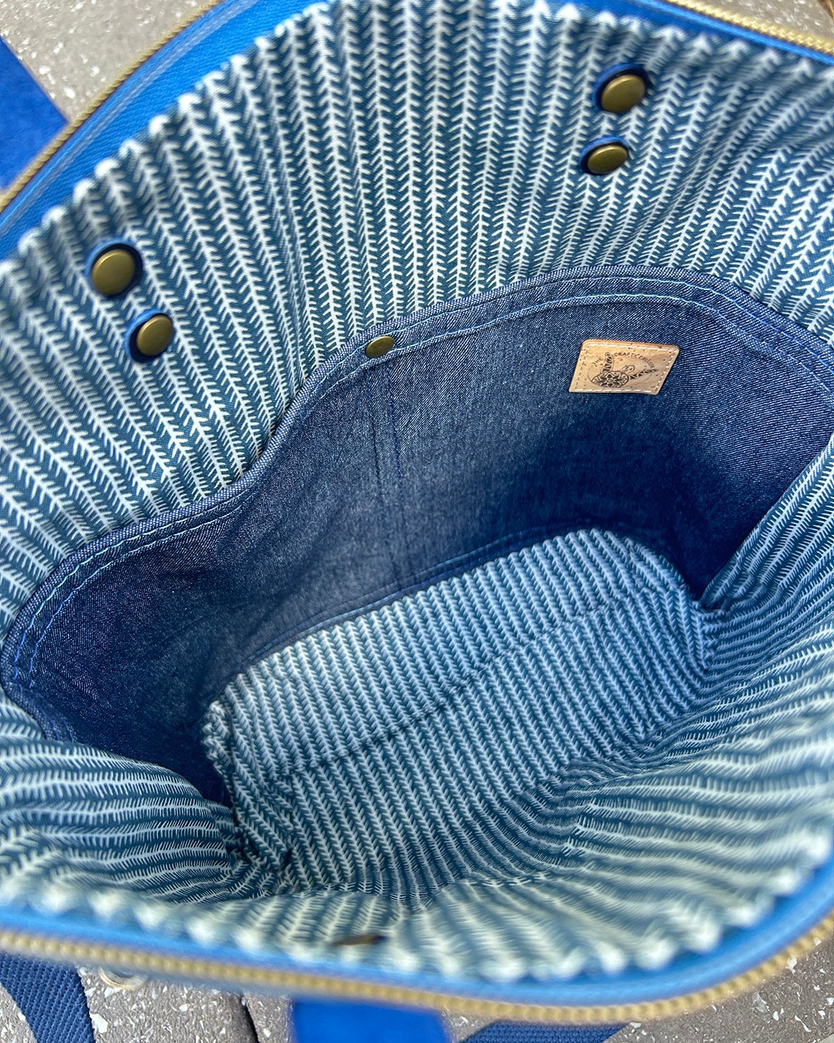 Harris Tweed Crossbody Tote Bag, Blue Tartan Plaid Wool & Waxed Canvas Handbag with Leather Handles - Image 15