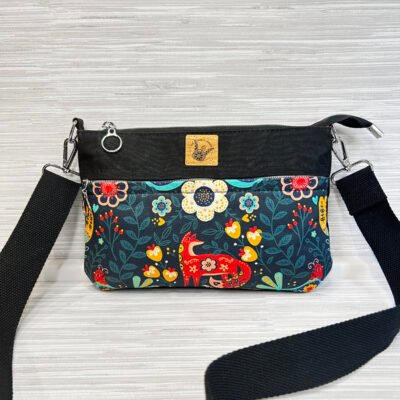 Colorful Fox Crossbody Bag, Handmade Folk Art Forest Zipper Purse with Adjustable Black Strap