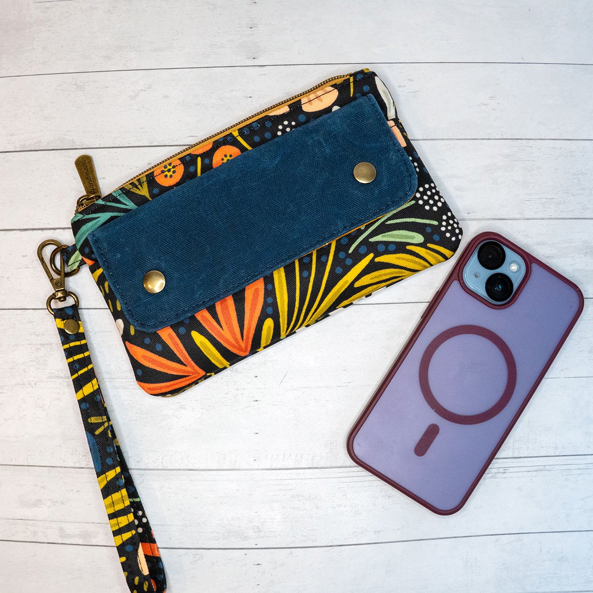 Black Floral Wristlet Wallet, Waxed Canvas Phone Clutch, Handmade Wristlet with Card Slots, Bold Botanical Print - Image 3