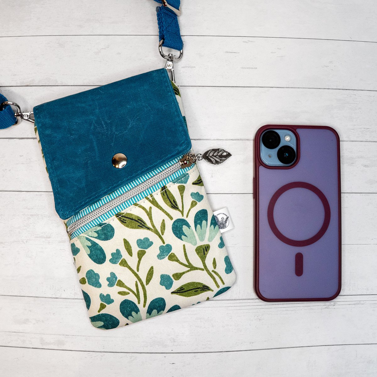 Teal & Green Floral Crossbody Phone Bag with Waxed Canvas Flap, Botanical Cell Phone Pouch, Nature Inspired Crossbody Bag - Image 3