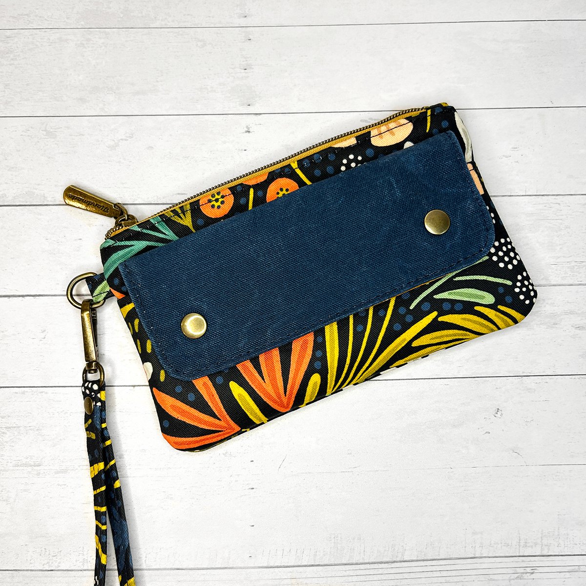 Black Floral Wristlet Wallet, Waxed Canvas Phone Clutch, Handmade Wristlet with Card Slots, Bold Botanical Print