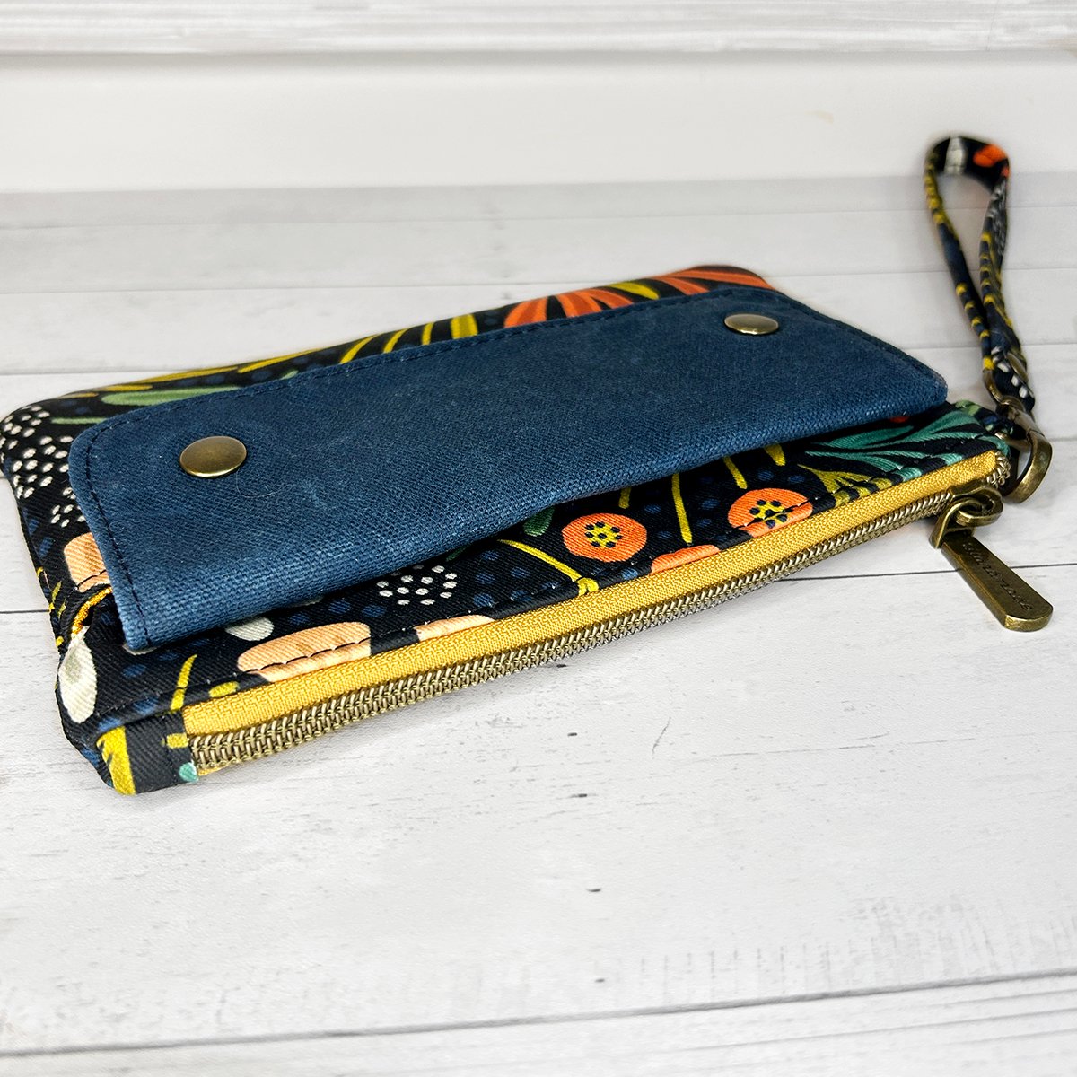Black Floral Wristlet Wallet, Waxed Canvas Phone Clutch, Handmade Wristlet with Card Slots, Bold Botanical Print - Image 5