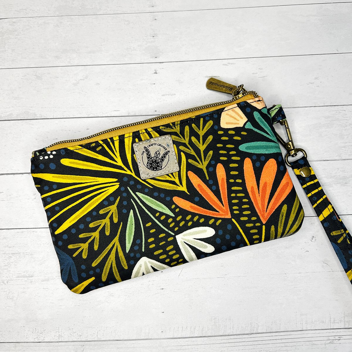 Black Floral Wristlet Wallet, Waxed Canvas Phone Clutch, Handmade Wristlet with Card Slots, Bold Botanical Print - Image 6