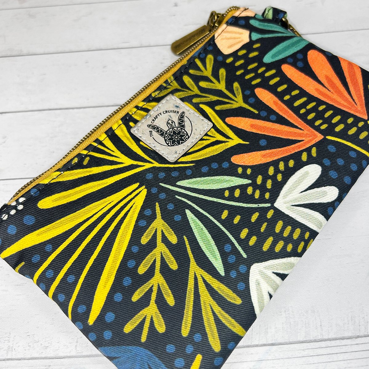 Black Floral Wristlet Wallet, Waxed Canvas Phone Clutch, Handmade Wristlet with Card Slots, Bold Botanical Print - Image 7