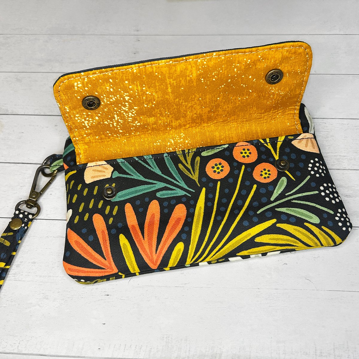 Black Floral Wristlet Wallet, Waxed Canvas Phone Clutch, Handmade Wristlet with Card Slots, Bold Botanical Print - Image 8