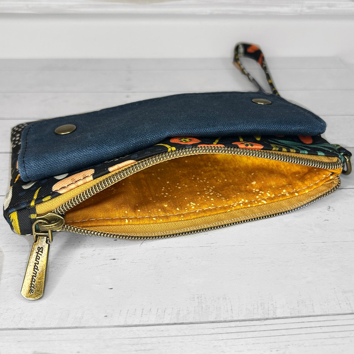 Black Floral Wristlet Wallet, Waxed Canvas Phone Clutch, Handmade Wristlet with Card Slots, Bold Botanical Print - Image 9