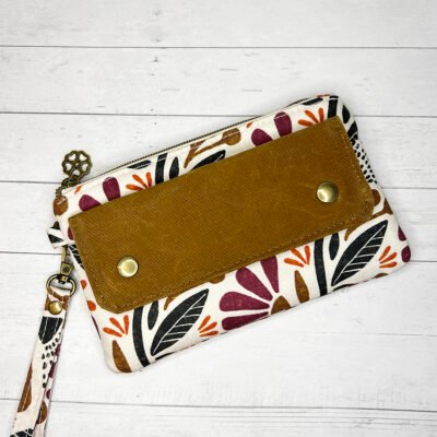 Autumn Floral Print Wristlet Phone Pouch, Fall Colors Zipper Clutch with Waxed Canvas Flap, Phone Pouch with Card Slots