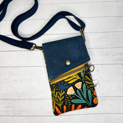 Colorful Floral Crossbody Phone Bag with Card Slots, Blue Waxed Canvas Mini Purse