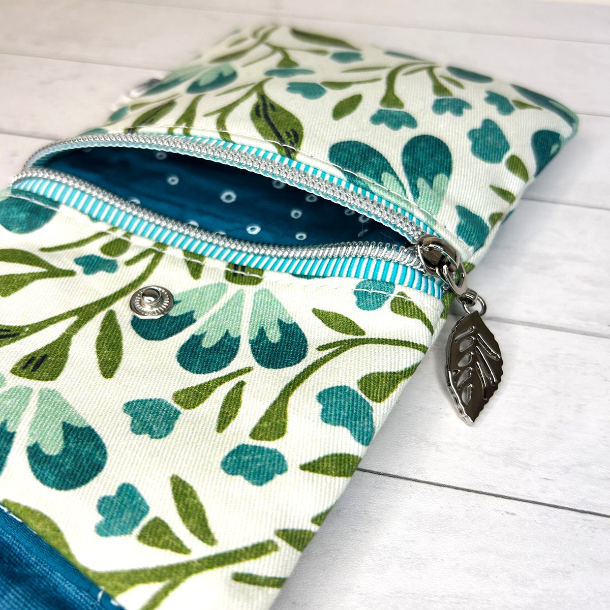 Teal & Green Floral Crossbody Phone Bag with Waxed Canvas Flap, Botanical Cell Phone Pouch, Nature Inspired Crossbody Bag - Image 6