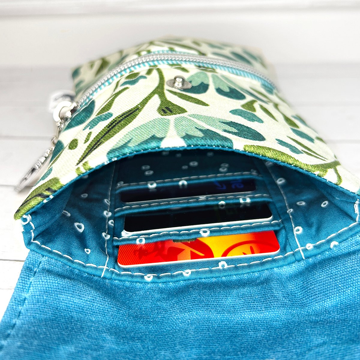 Teal & Green Floral Crossbody Phone Bag with Waxed Canvas Flap, Botanical Cell Phone Pouch, Nature Inspired Crossbody Bag - Image 7