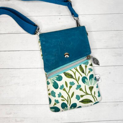 Teal & Green Floral Crossbody Phone Bag with Waxed Canvas Flap, Botanical Cell Phone Pouch, Nature Inspired Crossbody Bag