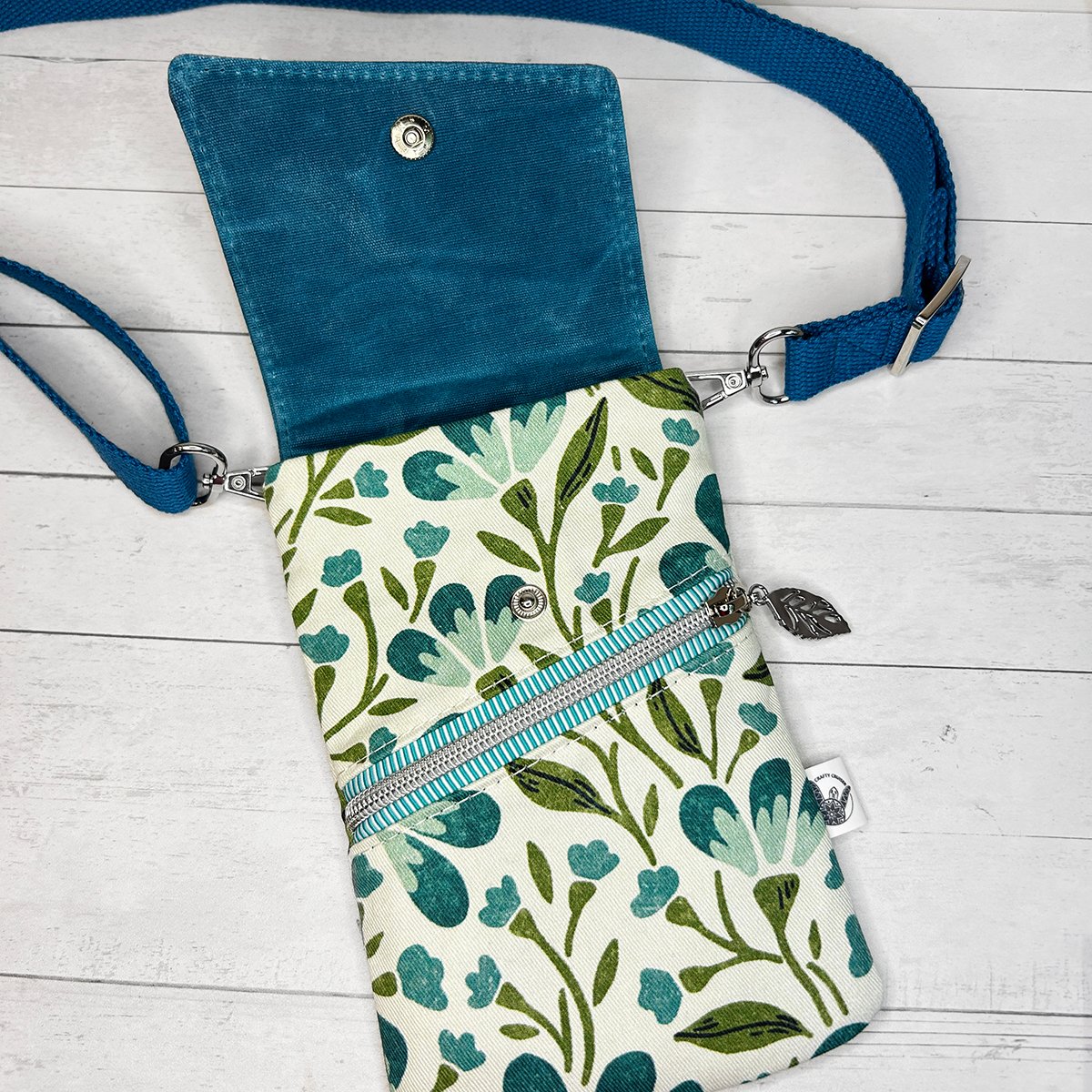 Teal & Green Floral Crossbody Phone Bag with Waxed Canvas Flap, Botanical Cell Phone Pouch, Nature Inspired Crossbody Bag - Image 5