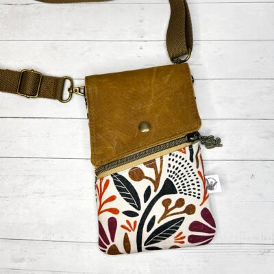 Autumn Floral Print Crossbody Phone Bag with Waxed Canvas Flap, Fall Colors Cell Phone Pouch, Mini Crossbody Bag